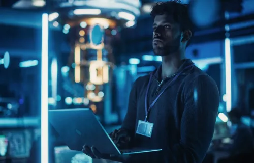 technician in computer lab in front of quantum computer