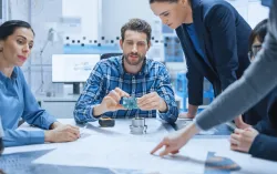 men and women working at a table
